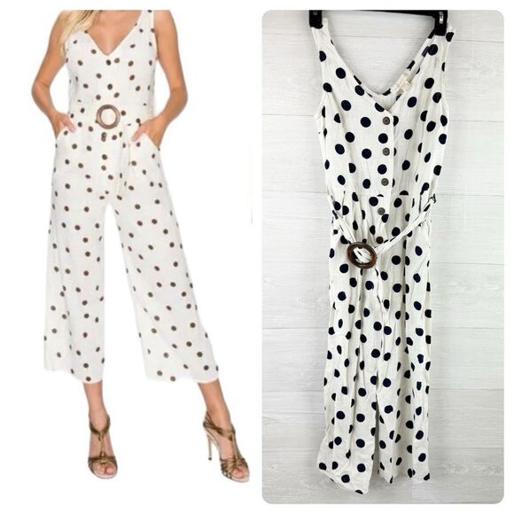 Monteau Polka Dot Tank Wide Leg Belted Linen Blend Jumpsuit - Picture 1 of 8